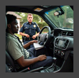 A man being pulled over by a police officer reviews his Miranda Rights card in his car, provided by A 24 Hour Bail Bonding