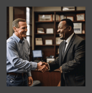 A bail bondsman from A 24 Hour Bail Bonding shaking hands with a satisfied client in an office, both smiling warmly.