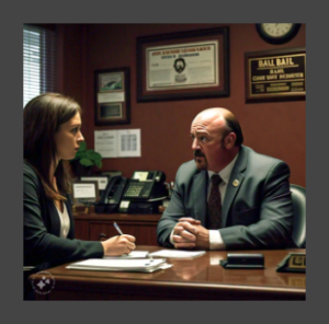 A professional bail bondsman from A 24 Hour Bail Bonding sitting at a desk, talking to a female client who is taking notes, in an office setting with certificates and plaques on the wall.