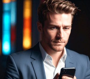 A man in a suit looking concerned while checking his phone, in need of a bondsman.