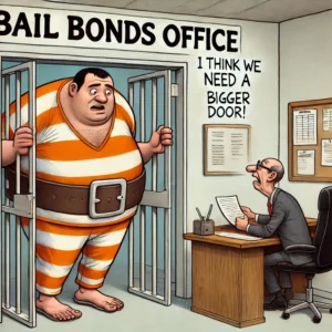 Cartoon of a large inmate awkwardly stuck in a tiny doorway while trying to enter a bail bonds office.