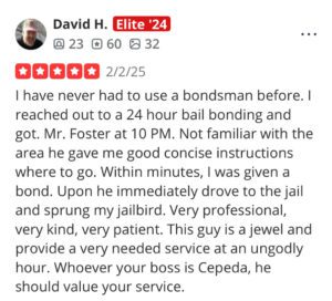 Customer review for A 24 Hour Bail Bonding, praising the professionalism and patience of the service provided by Mr. Foster.